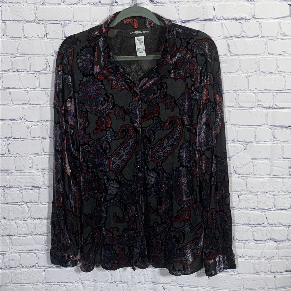 Sag Harbor Womens Velvet Burnout Button Down Paisley Black Red Sz 18 Whimsigoth
